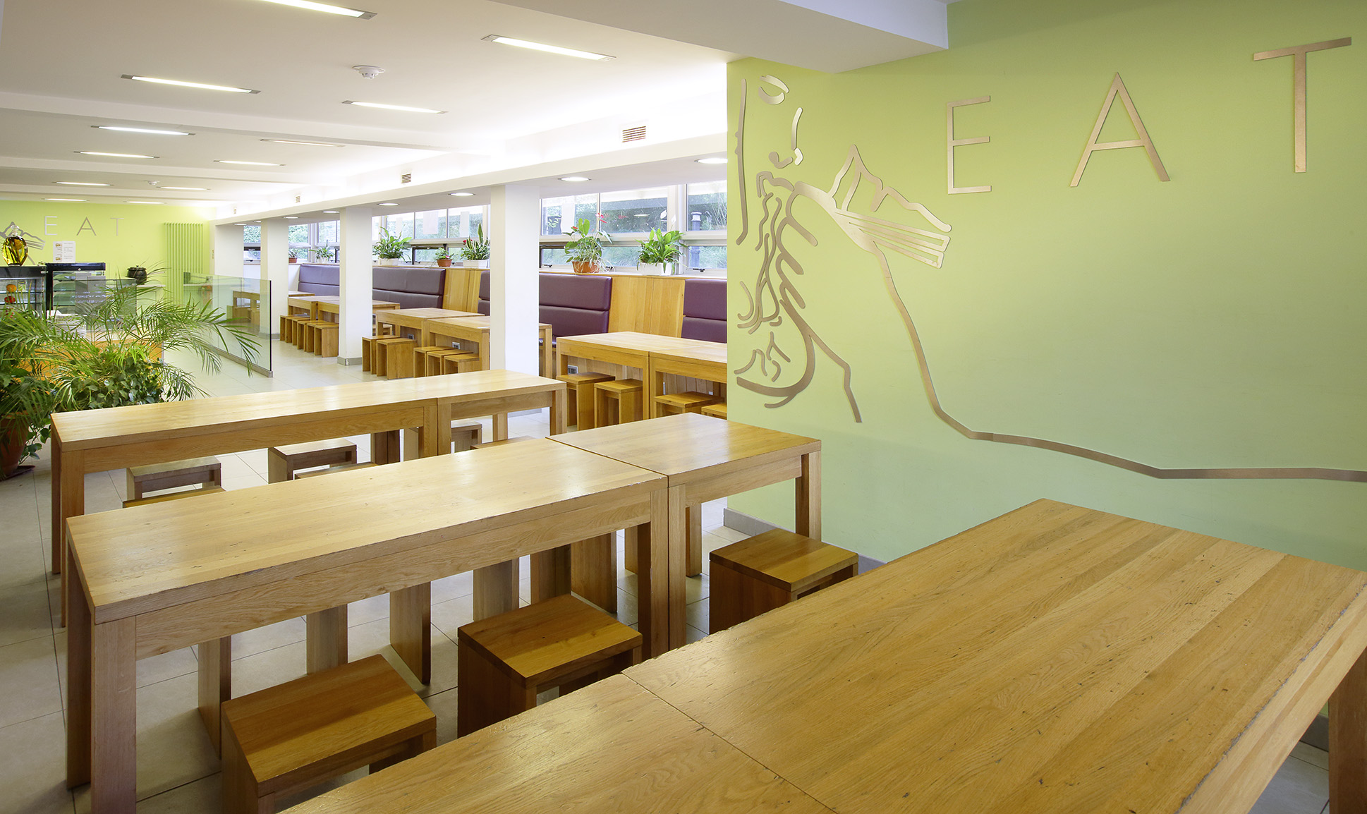 large wooden dining tables and wooden seating lime green walls purple padding seating