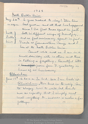 TCD MS 10056 fol 1r. Prison diary of Cecelia Gallagher née Saunders, 1922-3.