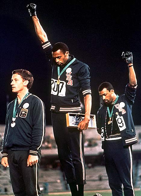 Tommie Smith and John Carlos giving the Black power salute at the 1968 Olympic Games in Mexico City