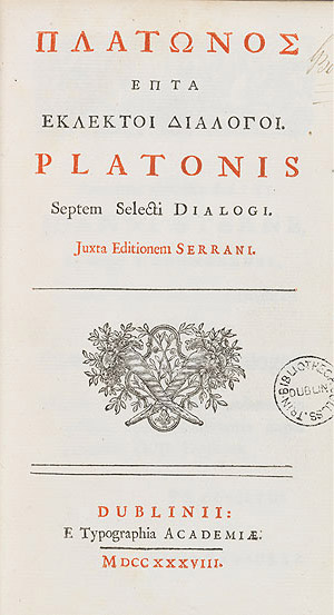 Titlepage of Plato’s Septem Selecti Dialogi, Dublin University Press, 1738. TT.kk.14