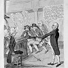 Burke's beliefs were challenged by his Whig associates, leading to dramatic debates in Parliament, including that of 28 December 1792 when Burke hurled a dagger onto the floor of the House of Commons. This dramatic gesture accompanied a speech warning of the dangers of ignoring what he believed to be the spread of revolutionary unrest to England. The drama of the scene easily leant itself to derision in the press, especially by caricaturists. TCD EPB OLS CARI ROB 386.