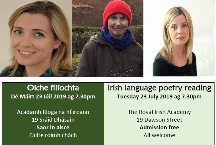 Ailbhe ní Ghearbhuigh, Biddy Jenkinson, Caitríona Ní Chléircín ag léamh a gcuid filíochta 23.7.19