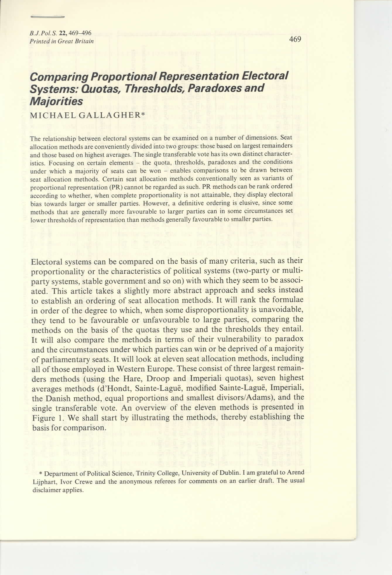 First page of Comparing Electoral  Systems
