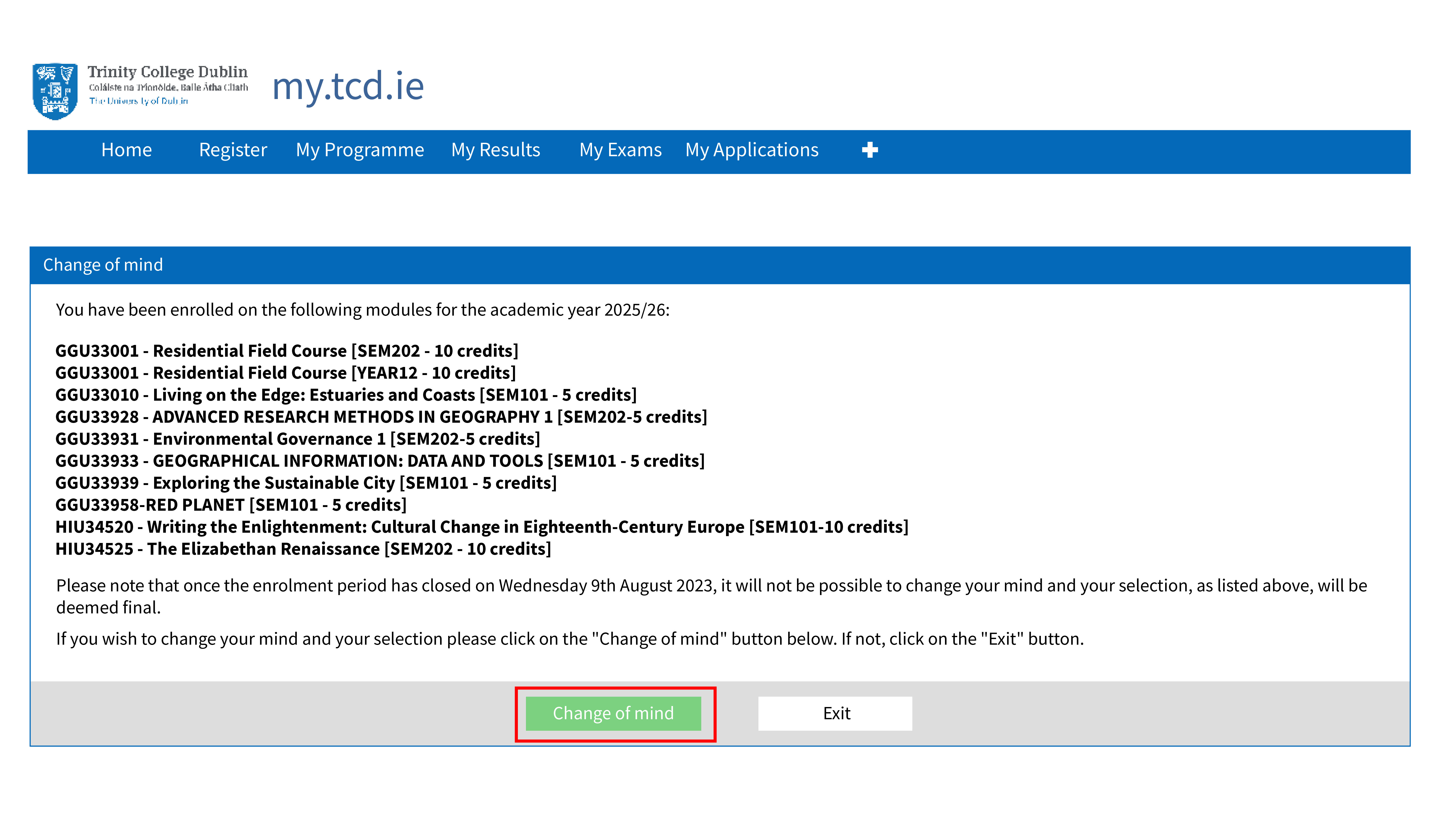 My.tcd.ie the 'change of mind' screen showing modules being changed.