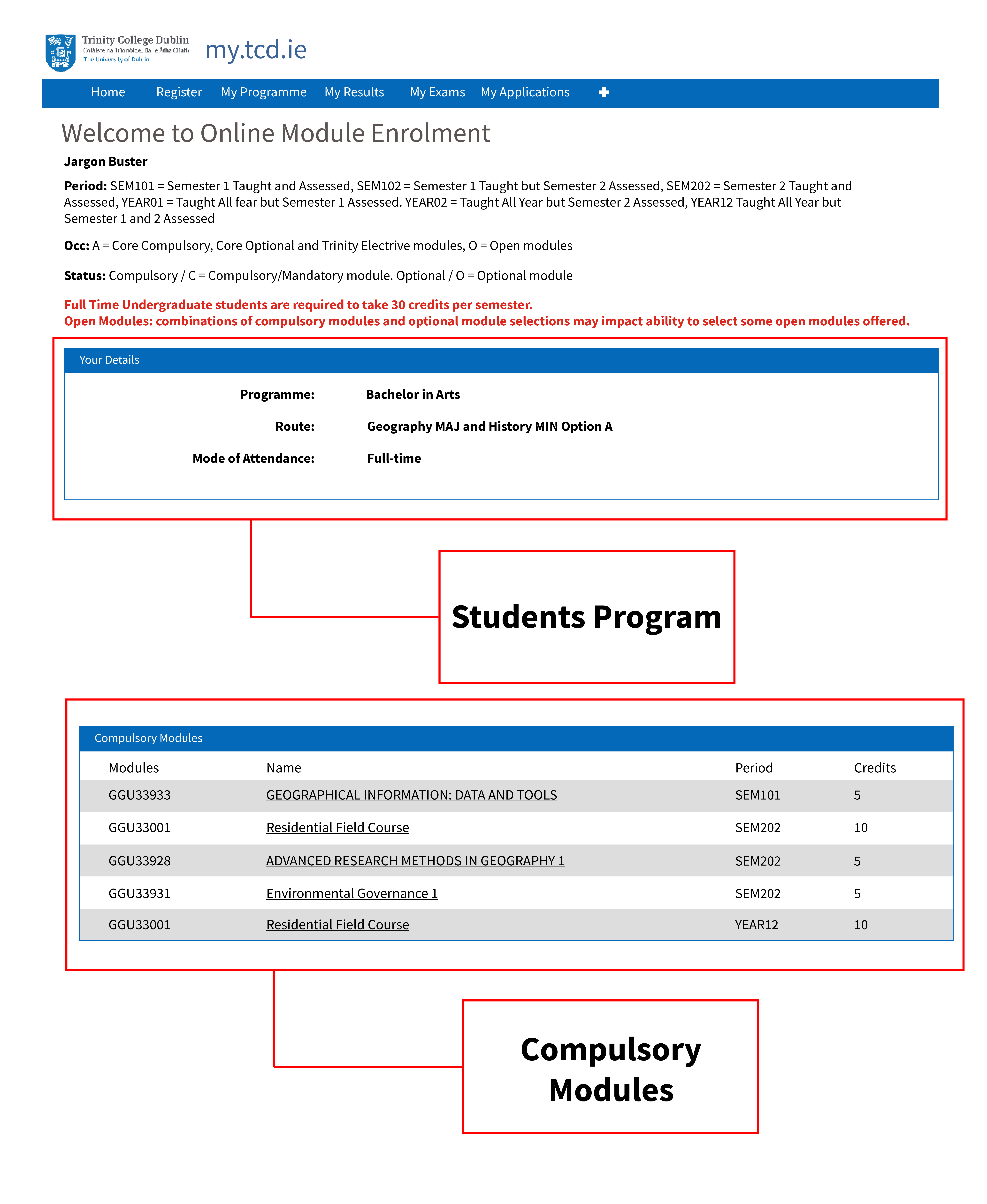 Screen showing list of compulsory modules.
