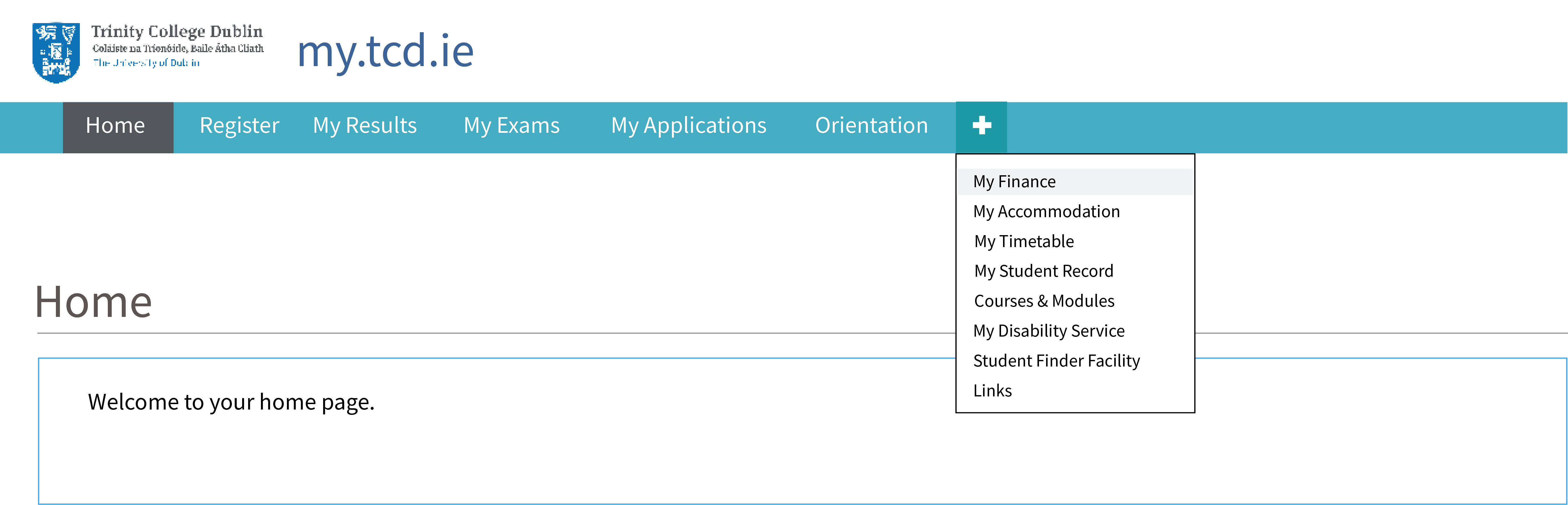 Homepage of my.tcd.ie with My Finance highlighted.