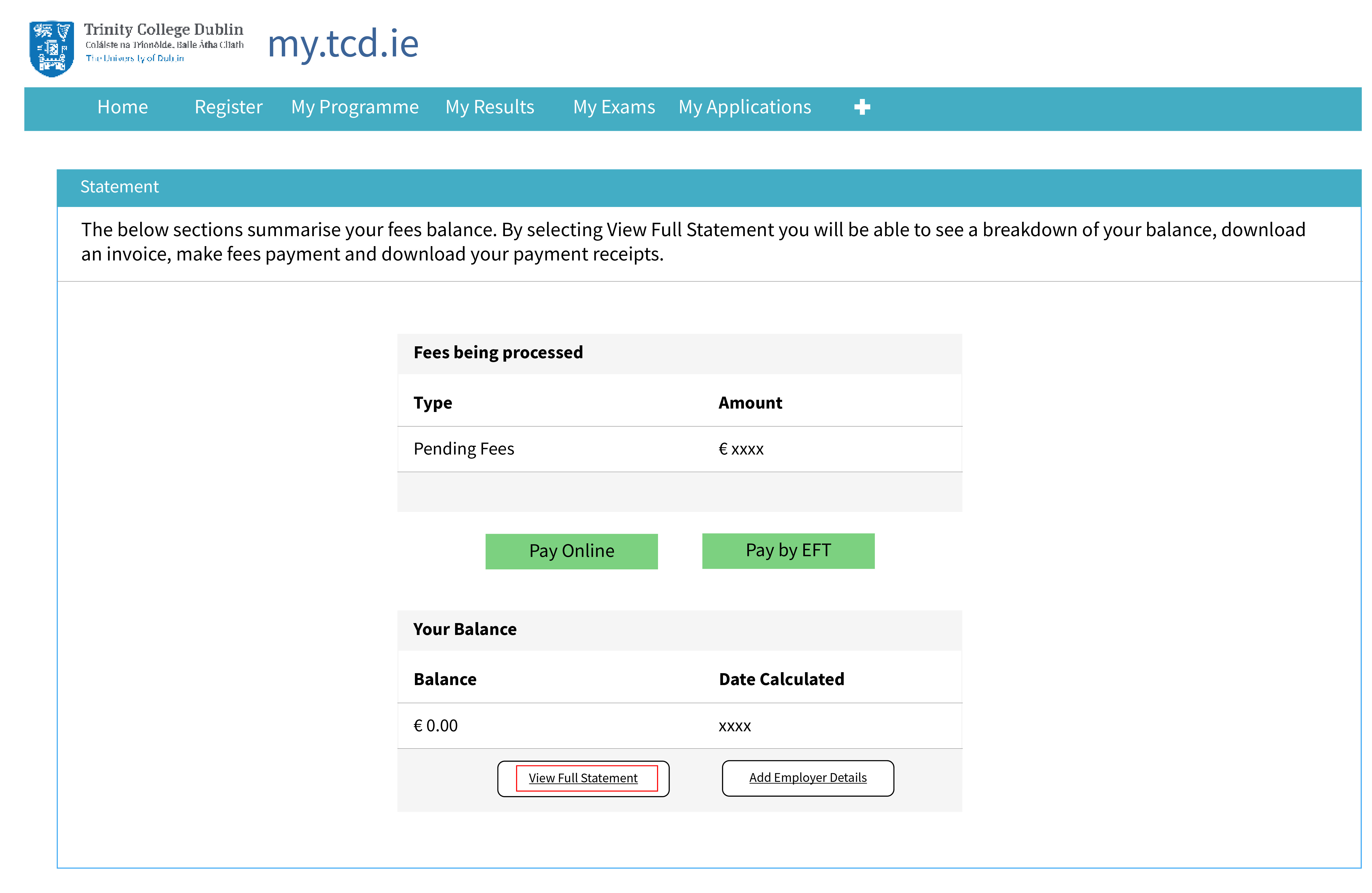 Statement screen showing details.