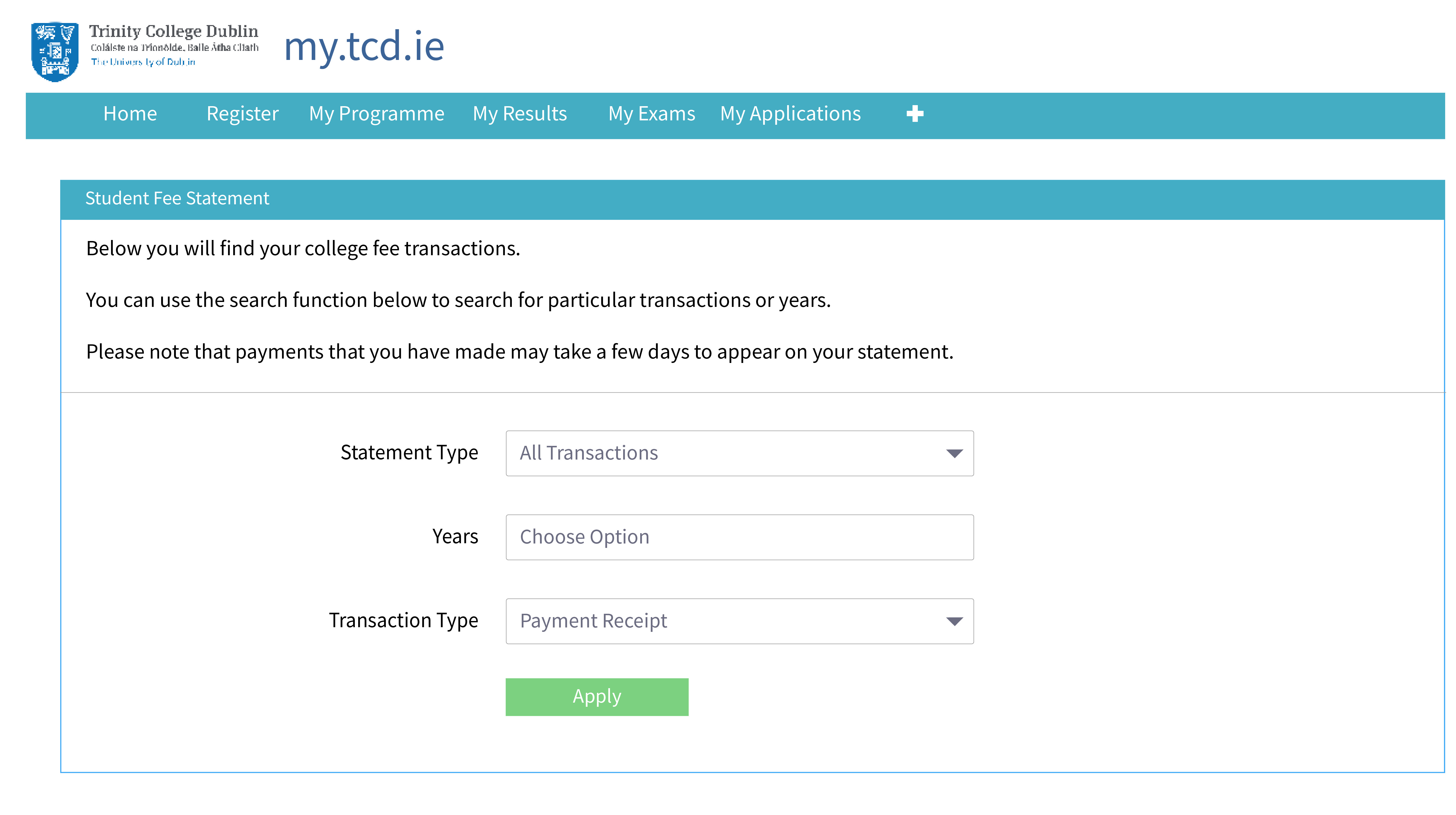 Student fee statement screen in my.tcd.ie