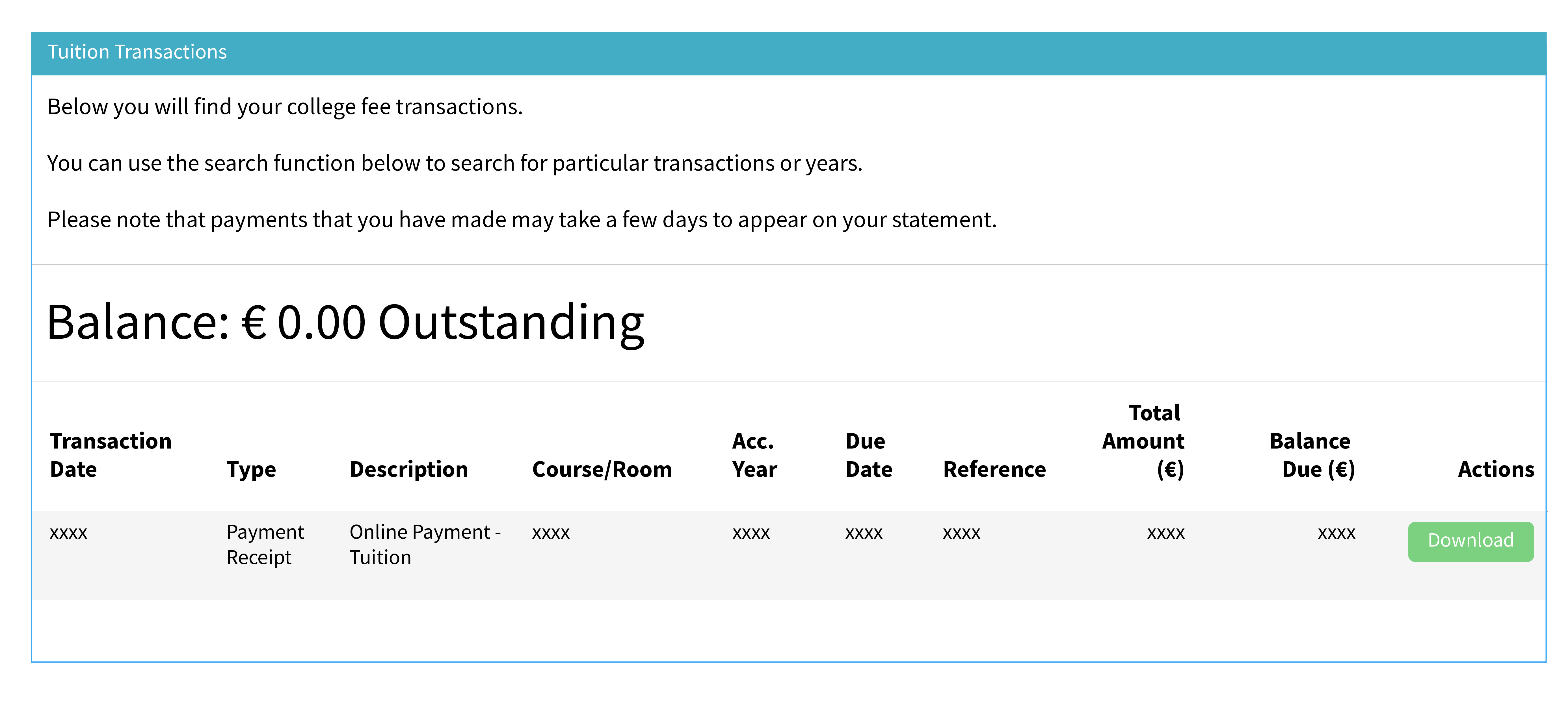 Tuition transactions screen showing payment history.
