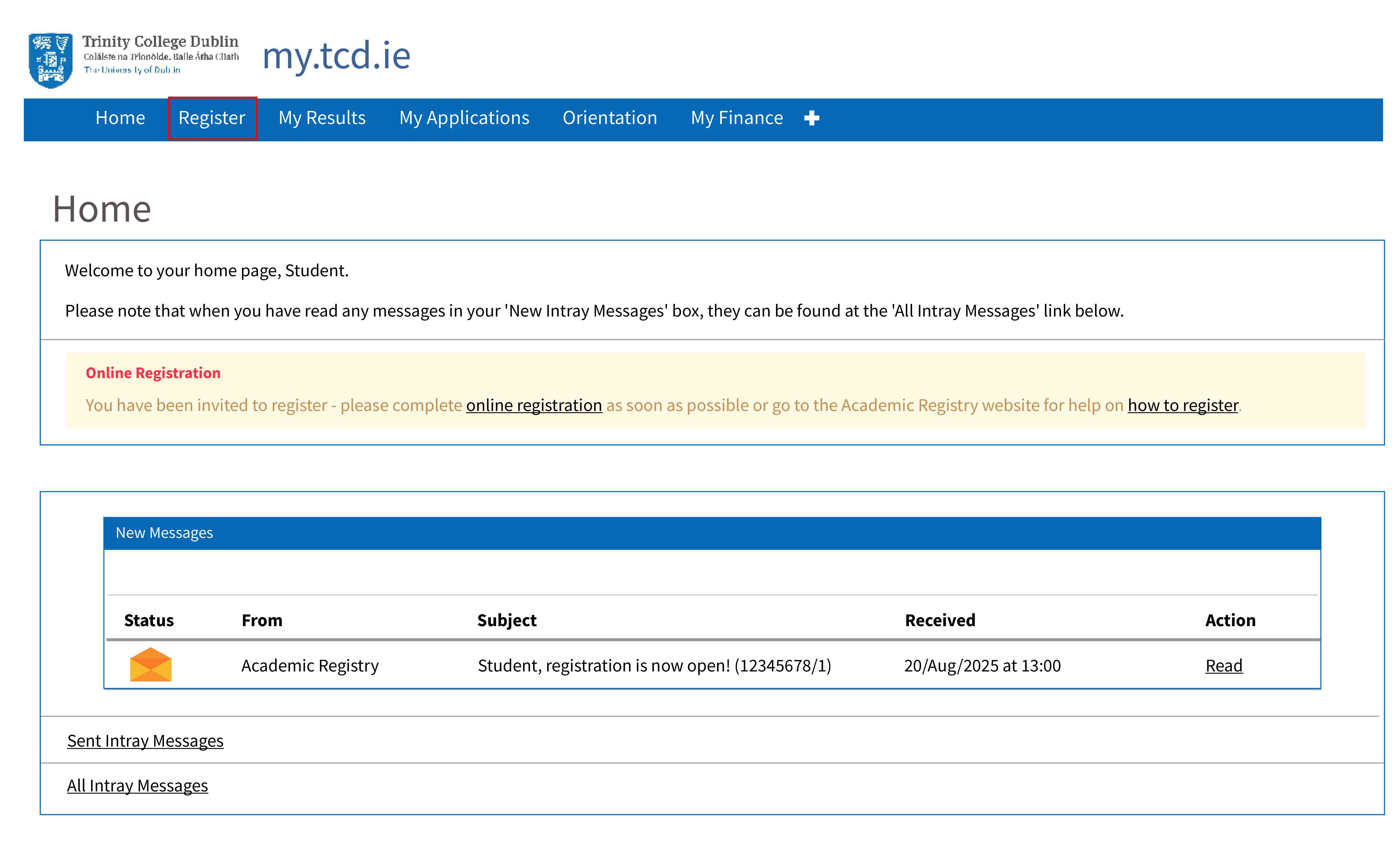 My.tcd.ie homepage with the register tab highlighted.