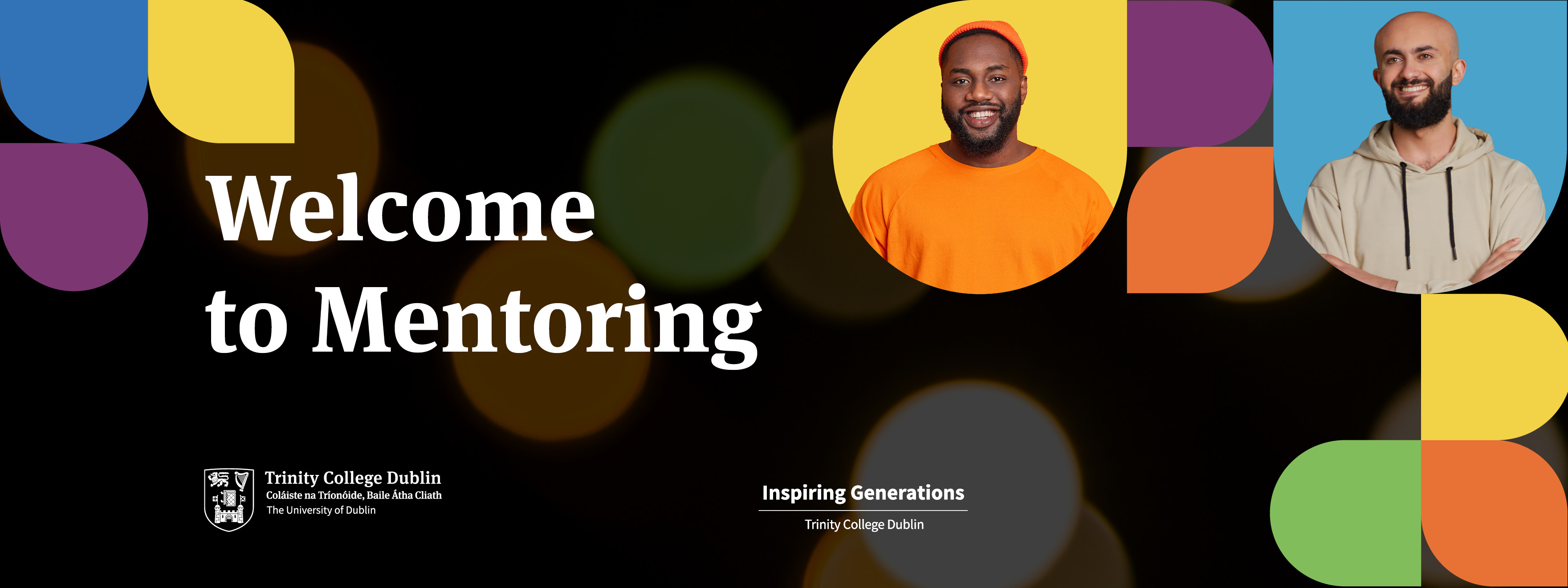 A colourful banner that says Welcome to Mentoring with some profile shots of smiling people in the background