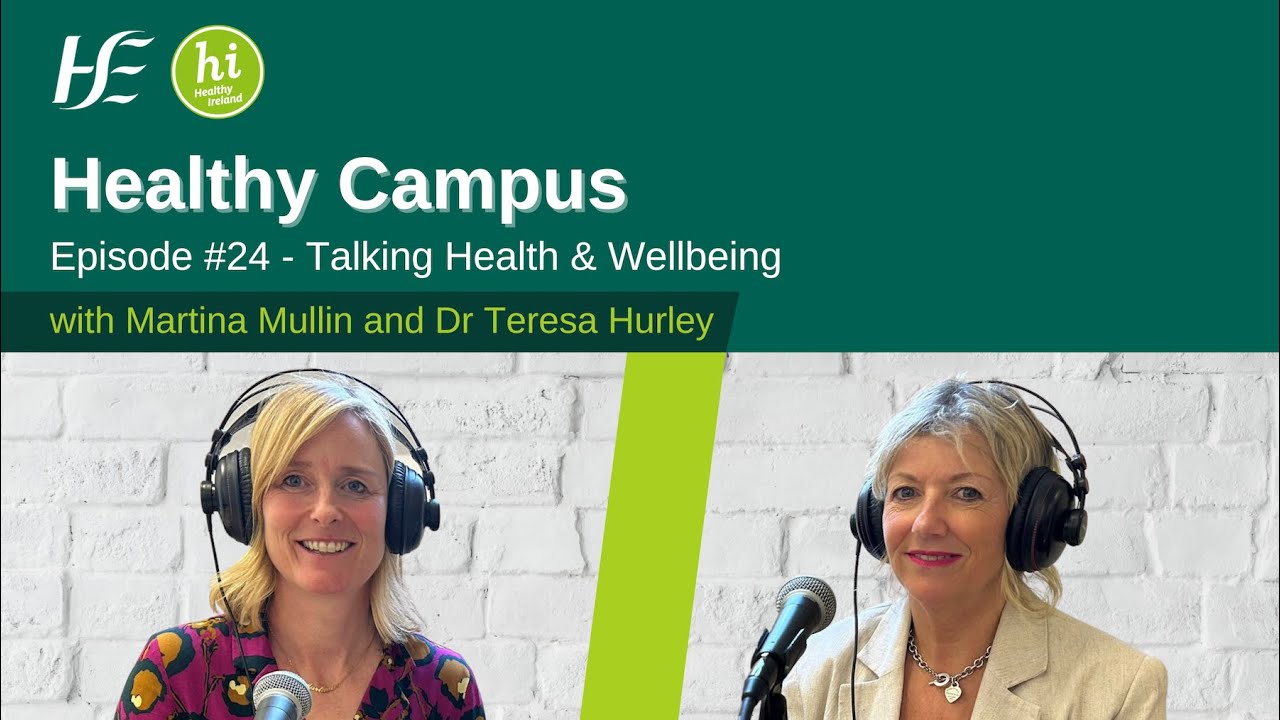 The banner of the podcast. Includes Martina Mullin and Dr Teresa Hurley at the podcast desk.