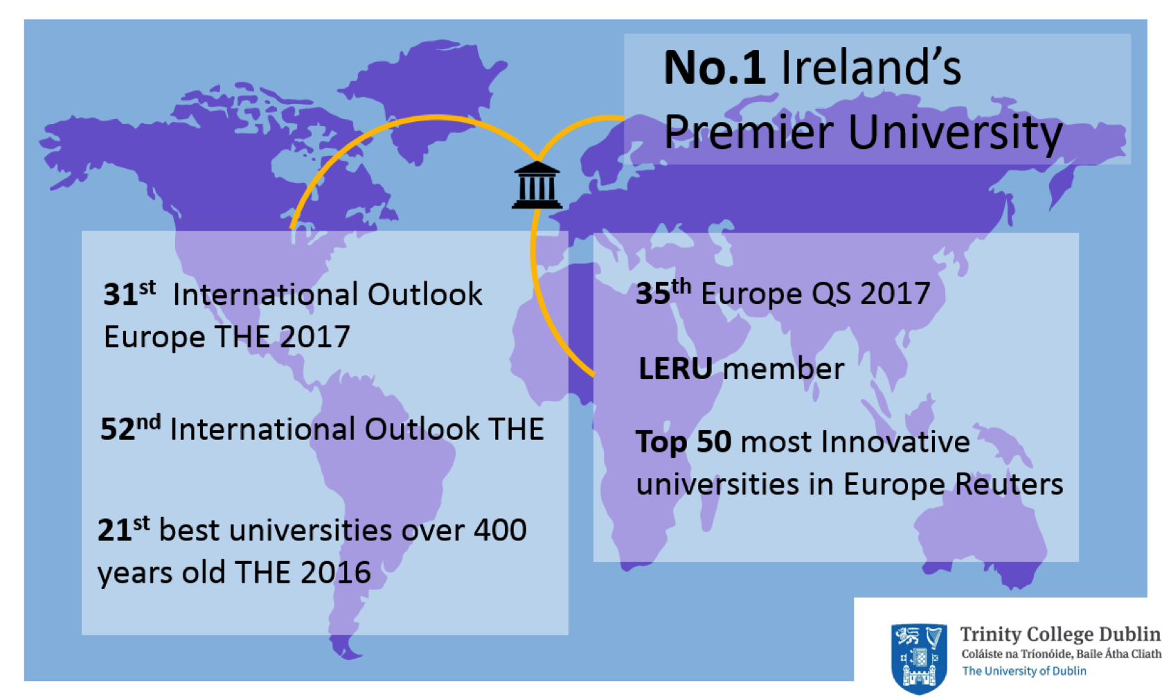 World map highlighting Trinity's rankings statistics