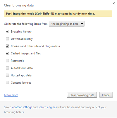 Chrome Clear browsing data