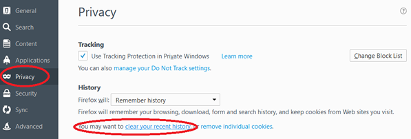 Firefox privacy menu