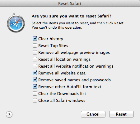 Reset Safari options