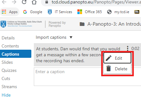 Screenshot of a caption sentence open with a drop-down menu with the options Edit and Delete open