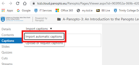 Screenshot of Import captions with drop-down Import automatic captions displayed