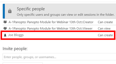 Screenshot of those who have access to the Panopto folder, now including Joe Bloggs