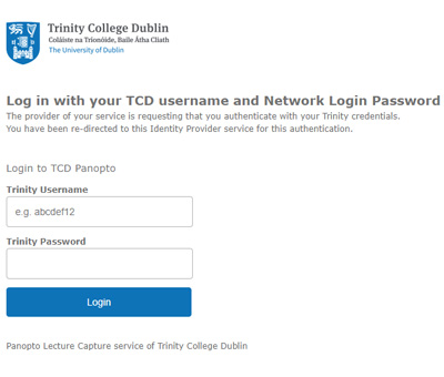 Screenshot of new sign-in screen where you enter your Trinity username and password