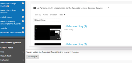 Screenshot of the Panopto folder in Blackboard where you can edit your recording