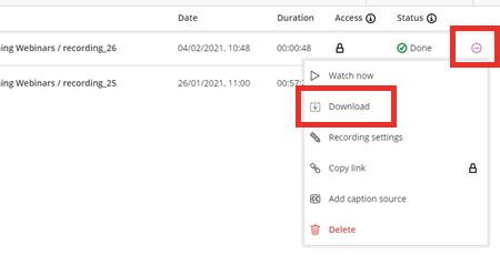 Screenshot of recordings options icon and download option from drop-down menu