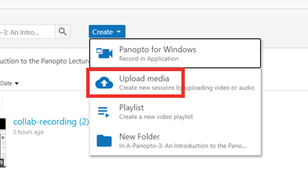 Screenshot of Create button and drop-down menu with Upload media option.