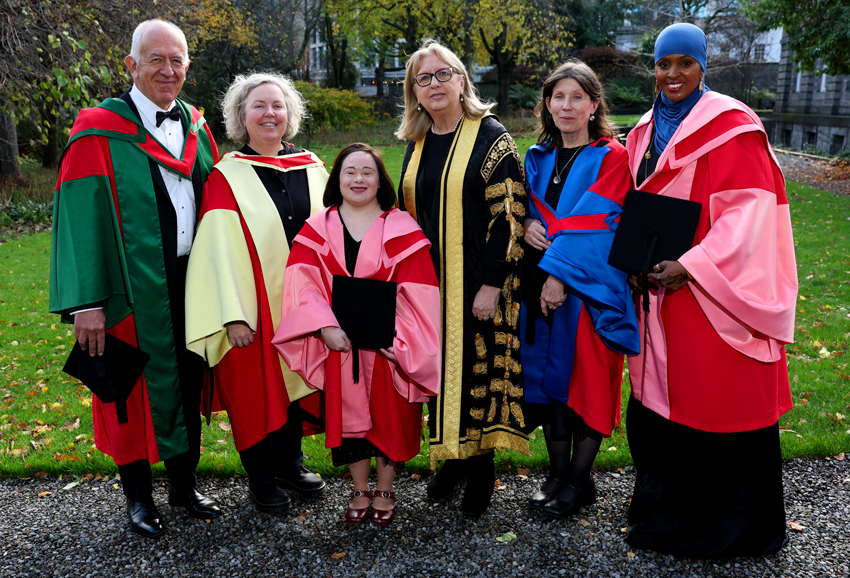 Pietro Perona (Sc.D.), Provost and President Linda Doyle, Mei Lin Yap (LL.D.), Chancellor Mary McAleese, Kathy Prendergast (Litt.D.), Ifrah Ahmed (LL.D.).