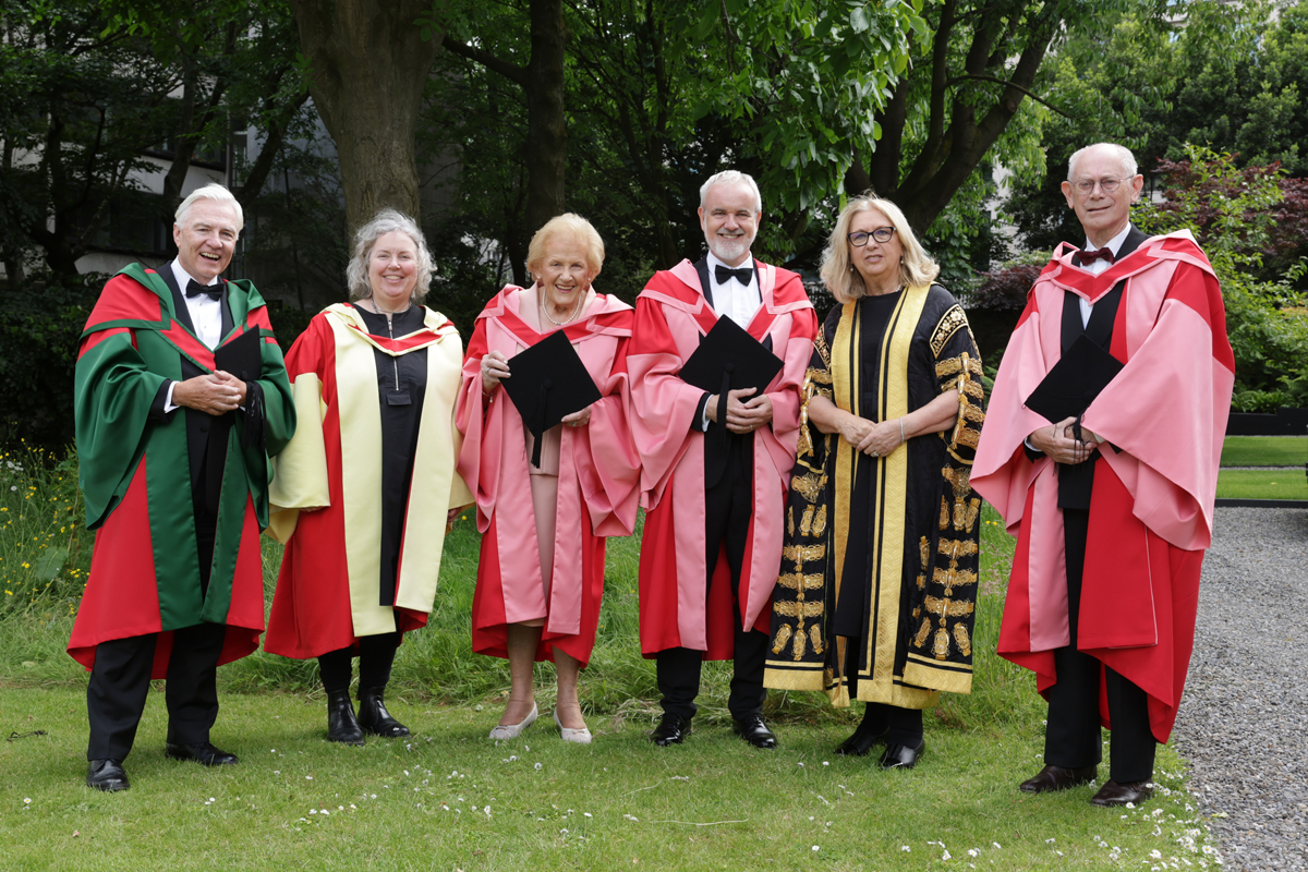Leonard O’Hagan (Sc.D.), Provost and President Linda Doyle, Anna May McHugh (LL.D.), Colm O’Gorman (LL.D.), Chancellor Mary McAleese, Herman Van Rompuy (LL.D.).