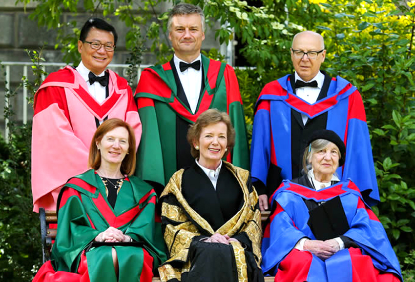 Dr Stanley Quek, Provost, Dr Patrick Prendergast, Professor Grigory Kruzhkov, Professor Margaret Murnane, Chancellor, Dr Mary Robinson and Dr Camille Souter.