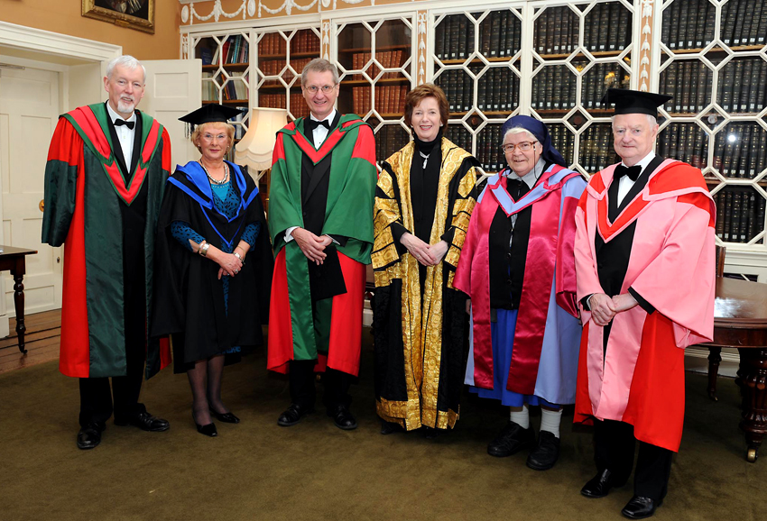 Provost Dr John Hegarty, Norah Kelso, Derek Briggs, Chancellor Dr Mary Robinson, Sister Cyril Mooney and Pat Matthews.