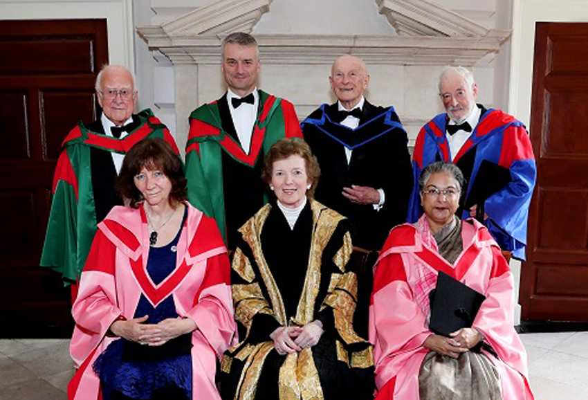 Provost, Dr Patrick Prendergast, JP Donleavy, Peter Higgs, Hina Jilani, Lia Mills and Josef Veselsky, Chancellor, Dr Mary Robinson.
