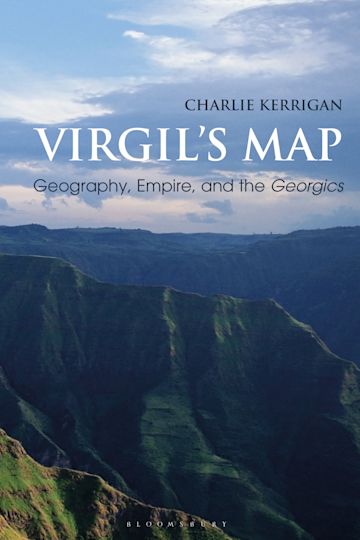 Book cover for Virgil's map with a picture of a blue, cloudy sky and mountain range