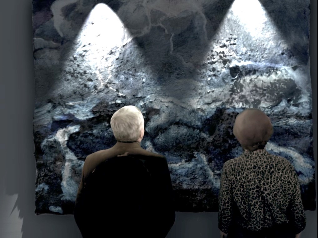 old man and woman looking at artwork