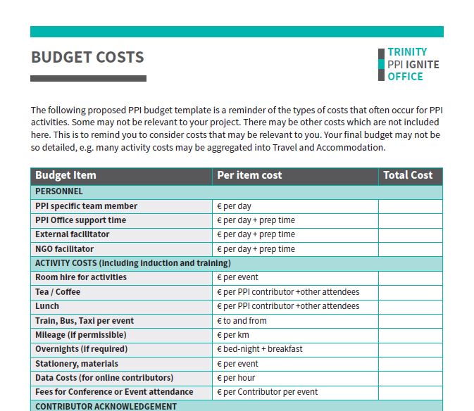 Trinity template for PPI budgets