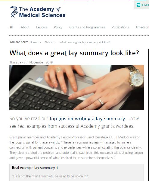 UK Academy for Medical Sciences website page on Plain English summaries